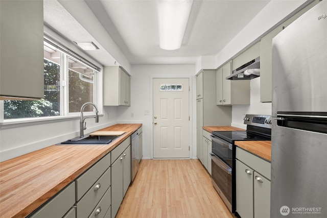270 Puget Loop, Port Ludlow, WA 98365 - kitchen featuring appliances with stainless steel finishes, wood counters, ventilation hood, and gray cabinets
