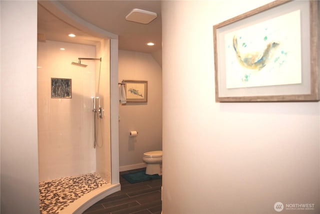 5341 S Bercot Rd, Freeland, WA 98249 - bathroom featuring recessed lighting, toilet, walk in shower, wood finish floors, and baseboards