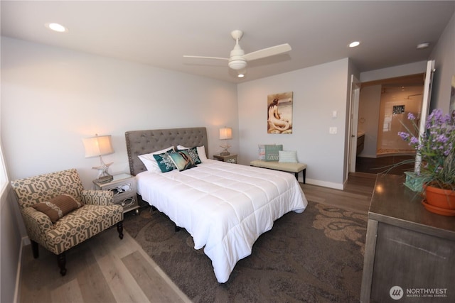5341 S Bercot Rd, Freeland, WA 98249 - bedroom with wood finished floors, recessed lighting, baseboards, and a ceiling fan