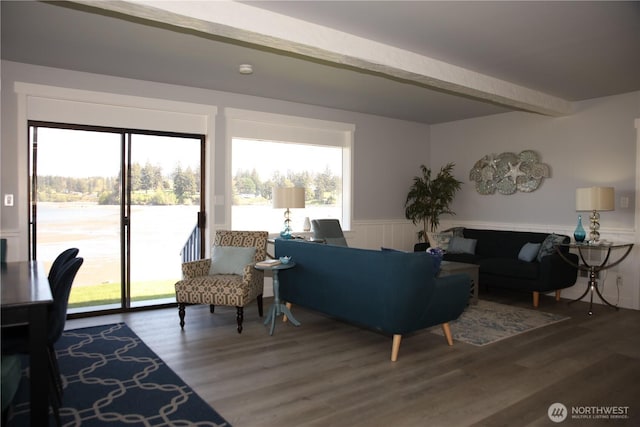 5341 S Bercot Rd, Freeland, WA 98249 - living room featuring wood finished floors, wainscoting, and beamed ceiling