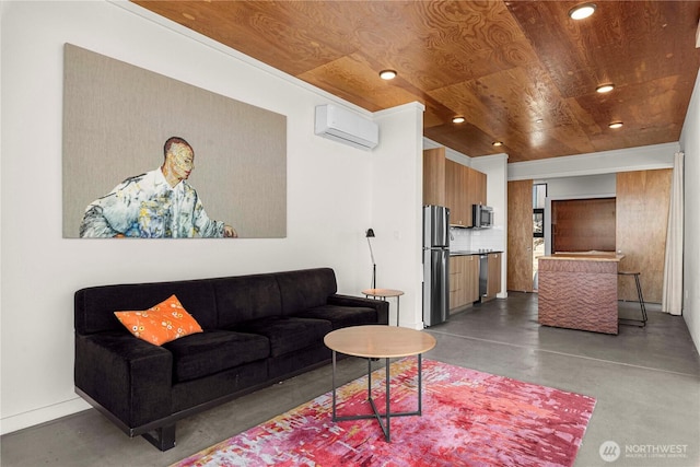 23692 NW Cliffe Pointe Rd Unit 6C, Quincy, WA 98848 - living room featuring a wall unit AC, finished concrete flooring, wood ceiling, and recessed lighting