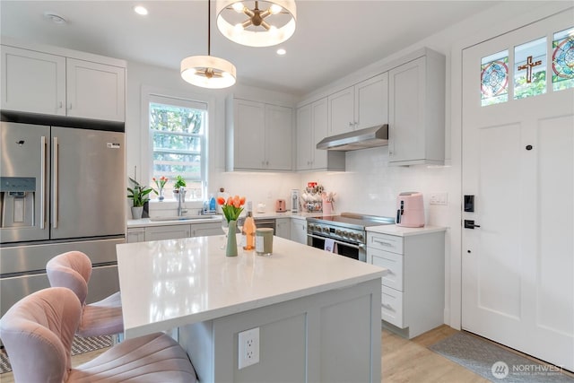 1415 29th Ave Unit C, Seattle, WA 98122 - kitchen with appliances with stainless steel finishes, under cabinet range hood, a breakfast bar, light countertops, and decorative backsplash