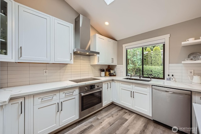 14323 SE 49th St, Bellevue, WA 98006 - kitchen with stainless steel appliances, wall chimney range hood, a sink, open shelves, and white cabinets