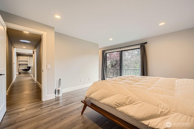 14323 SE 49th St, Bellevue, WA 98006 - bedroom with access to exterior, wood finished floors, baseboards, and recessed lighting