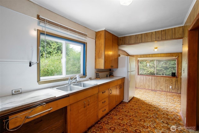 kitchen with a sink, wooden walls, healthy amount of natural light, light countertops, and brown cabinets