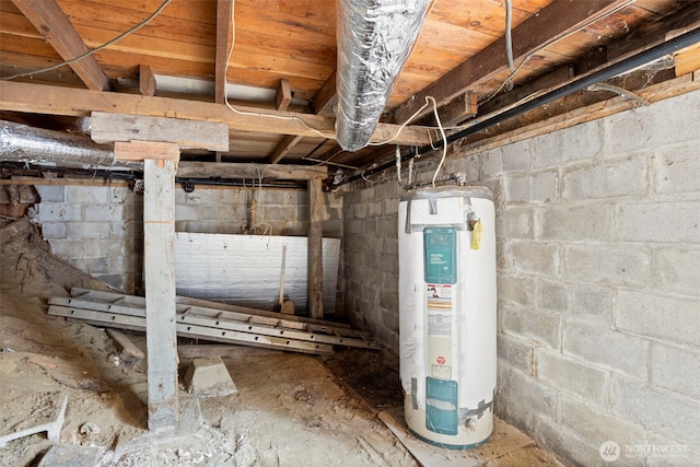 unfinished below grade area featuring water heater