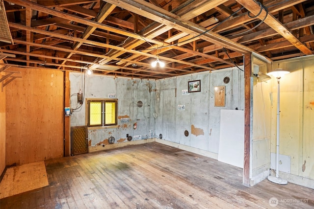 basement with hardwood / wood-style floors