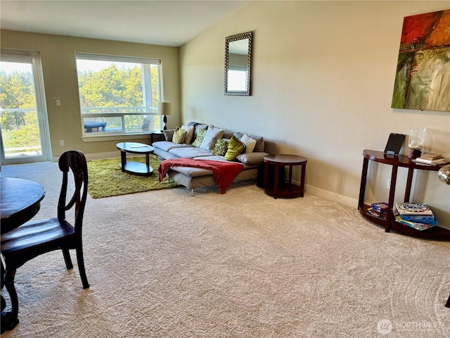 1600 W Ocean Ave Unit 1236, Westport, WA 98595 - carpeted living area with lofted ceiling and baseboards
