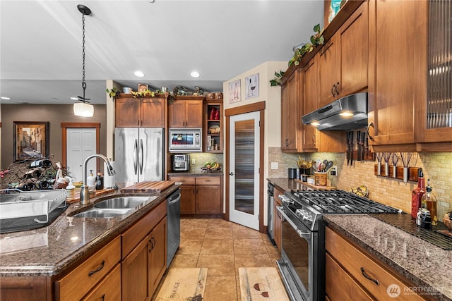 1051 N Baker Ave Unit B204, East Wenatchee, WA 98802 - kitchen with appliances with stainless steel finishes, a sink, under cabinet range hood, brown cabinets, and recessed lighting