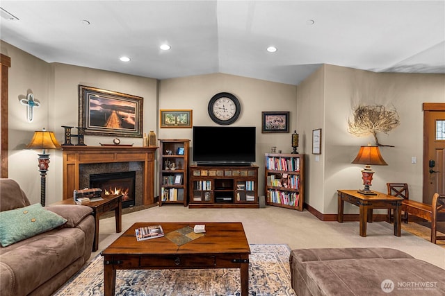 1051 N Baker Ave Unit B204, East Wenatchee, WA 98802 - carpeted living area featuring a high end fireplace, vaulted ceiling, recessed lighting, and baseboards