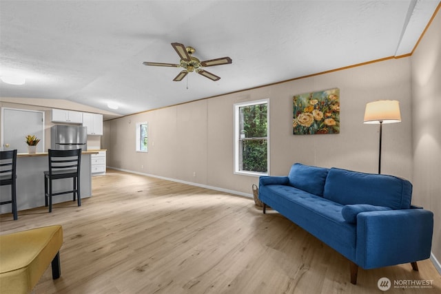 260 E Tahuya Dr, Shelton, WA 98584 - living area with a ceiling fan, light wood-style flooring, vaulted ceiling, baseboards, and a textured ceiling