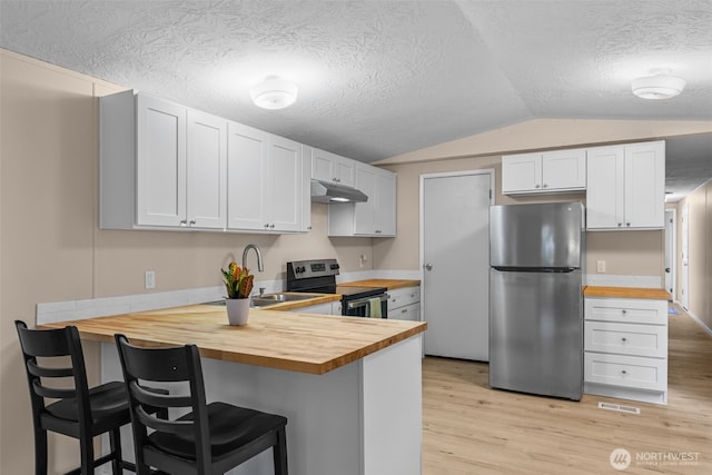 260 E Tahuya Dr, Shelton, WA 98584 - kitchen with stainless steel appliances, wooden counters, under cabinet range hood, lofted ceiling, and light wood-style flooring