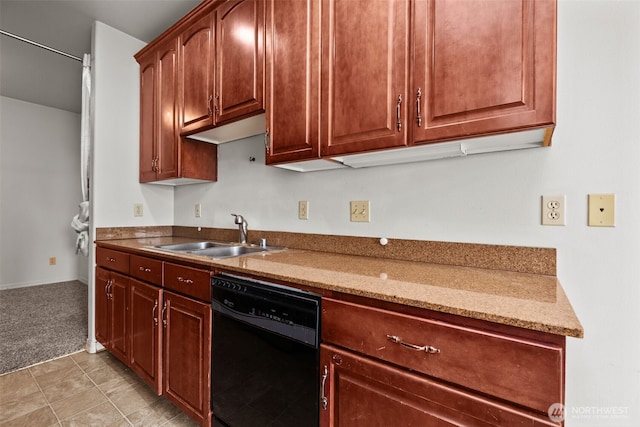 3501 Colby Ave Unit 301, Everett, WA 98201 - kitchen with black dishwasher, a sink, light colored carpet, and light stone counters