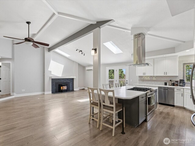7315 294th St NE, Arlington, WA 98223 - kitchen featuring stainless steel appliances, island range hood, a skylight, white cabinetry, and a brick fireplace