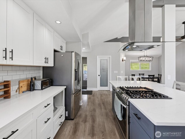 7315 294th St NE, Arlington, WA 98223 - kitchen featuring stainless steel appliances, dark wood-style flooring, white cabinets, backsplash, and island range hood