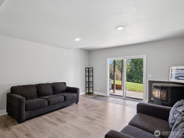 7315 294th St NE, Arlington, WA 98223 - living room with wood finished floors, recessed lighting, a wood stove, and a textured ceiling