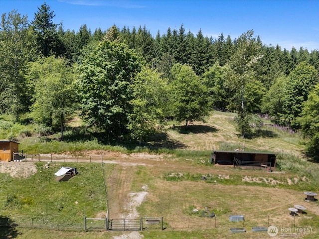 7315 294th St NE, Arlington, WA 98223 - view of yard with a gate, a view of trees, and an outdoor structure