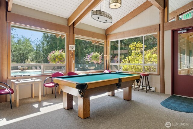 447 E Pointes Dr E, Shelton, WA 98584 - recreation room featuring carpet, healthy amount of natural light, billiards, and wooden ceiling