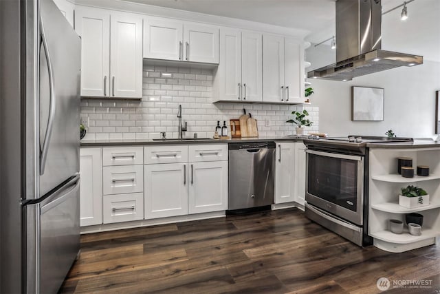 769 Hayes St Unit 504, Seattle, WA 98109 - kitchen featuring appliances with stainless steel finishes, island exhaust hood, dark countertops, a sink, and dark wood-style flooring