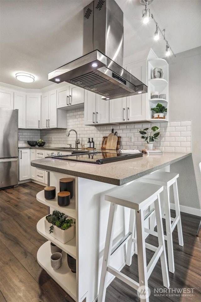 769 Hayes St Unit 504, Seattle, WA 98109 - kitchen with open shelves, freestanding refrigerator, island range hood, and rail lighting