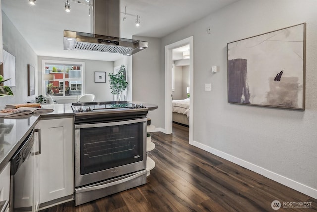 769 Hayes St Unit 504, Seattle, WA 98109 - kitchen with appliances with stainless steel finishes, island exhaust hood, white cabinets, and dark wood-style flooring