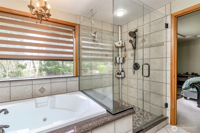 2634 59th Ave NW, Olympia, WA 98502 - bathroom featuring a stall shower, a tub with jets, a chandelier, and tile patterned flooring