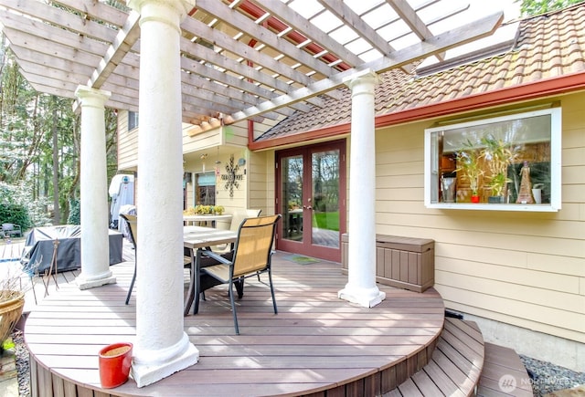 2634 59th Ave NW, Olympia, WA 98502 - wooden deck featuring french doors, outdoor dining space, and a pergola