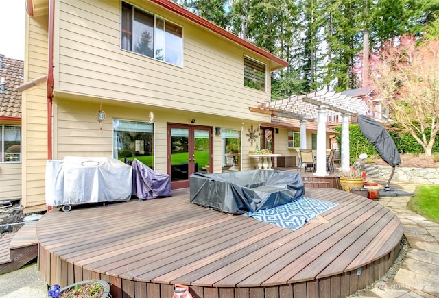 2634 59th Ave NW, Olympia, WA 98502 - wooden terrace featuring a pergola, outdoor dining area, grilling area, and french doors