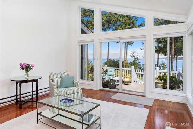 interior space with a water view, wood finished floors, baseboard heating, and a high ceiling