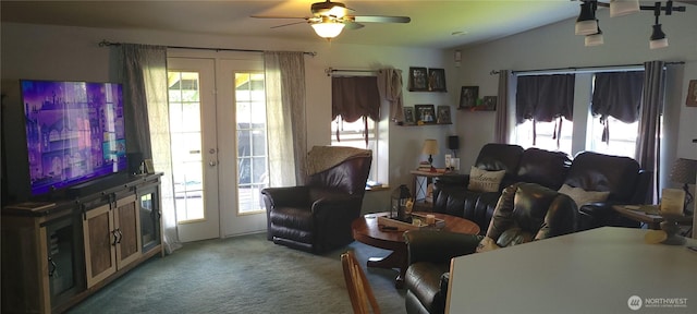 19425 Grant Rd NW, Soap Lake, WA 98851 - living area featuring french doors, light carpet, ceiling fan, and lofted ceiling