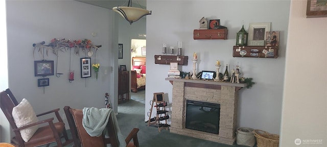 19425 Grant Rd NW, Soap Lake, WA 98851 - carpeted living area featuring a fireplace