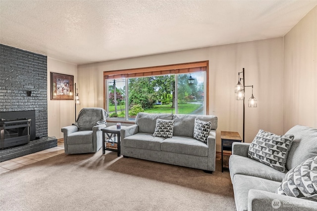58 Pacific Pl, Longview, WA 98632 - living area with carpet, a textured ceiling, and a fireplace