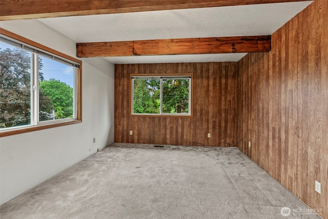 58 Pacific Pl, Longview, WA 98632 - empty room with beamed ceiling, wooden walls, and carpet floors
