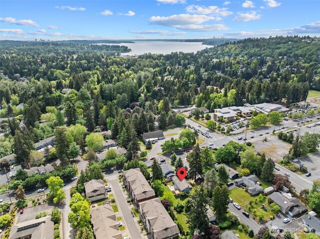 aerial perspective of suburban area with a nearby body of water and a heavily wooded area
