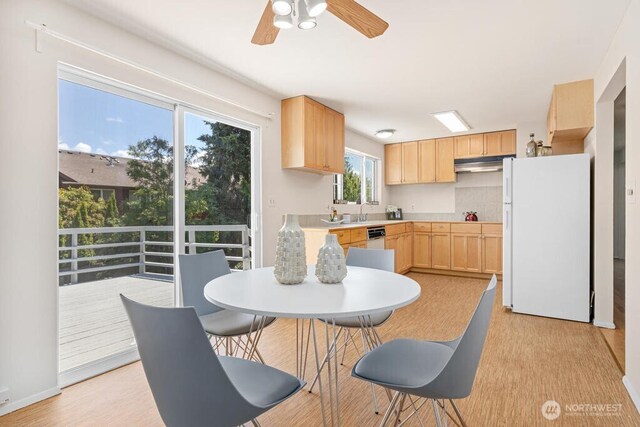 kitchen with freestanding refrigerator, light brown cabinetry, under cabinet range hood, light countertops, and ceiling fan