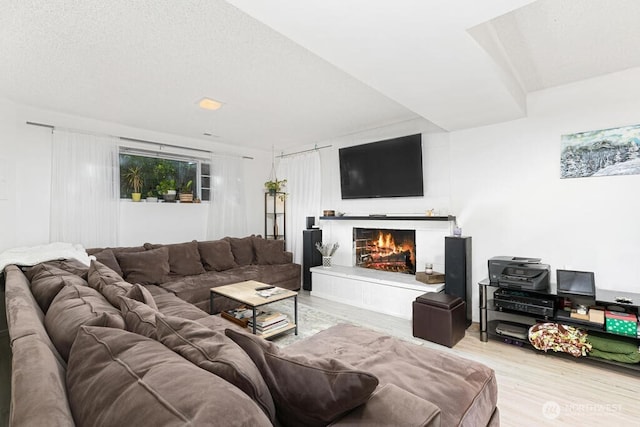 living room featuring wood finished floors and a warm lit fireplace