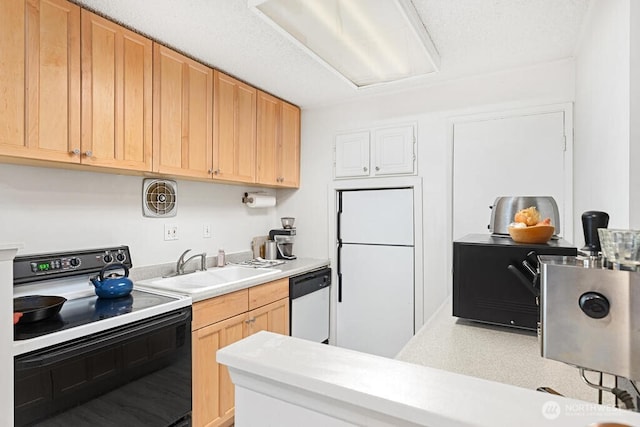 kitchen with black / electric stove, dishwasher, light countertops, a sink, and light brown cabinets
