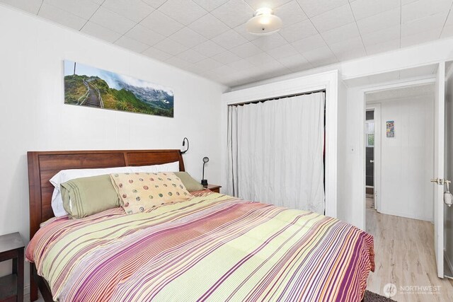 bedroom with light wood-type flooring and a closet