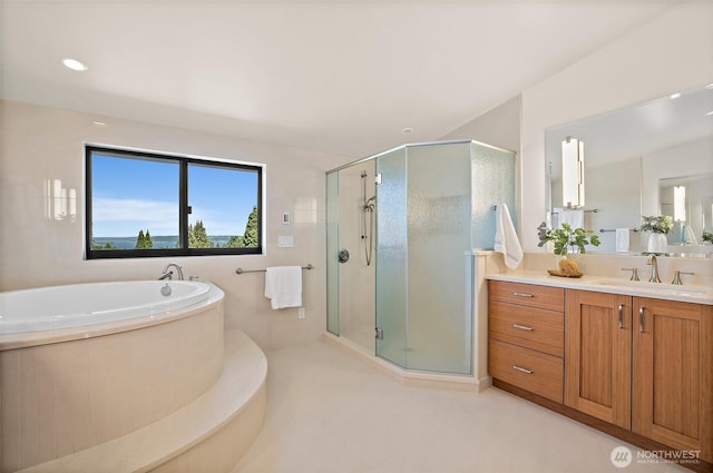 9120 NE 25th Pl, Clyde Hill, WA 98004 - full bathroom with vanity, a stall shower, a bath, and tile patterned floors
