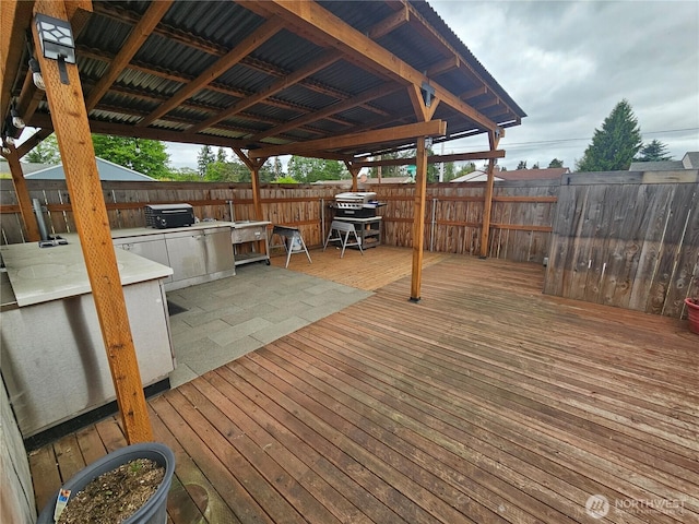 10915 Davisson Rd SW, Lakewood, WA 98499 - wooden terrace with an outdoor kitchen and a fenced backyard