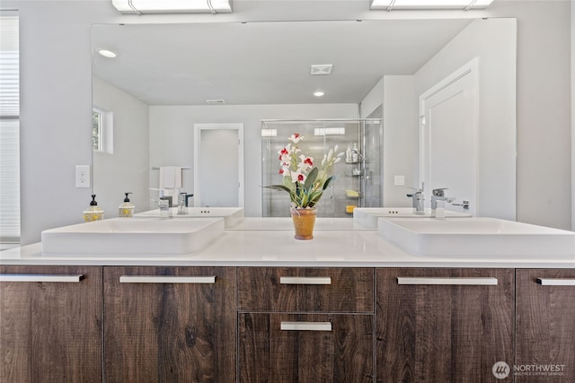 2553 Vardon Cir SW, Port Orchard, WA 98367 - full bath with a shower stall, double vanity, and an AC wall unit