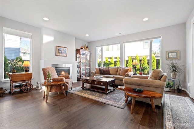 2553 Vardon Cir SW, Port Orchard, WA 98367 - living room featuring dark wood-style flooring, a glass covered fireplace, recessed lighting, and baseboards