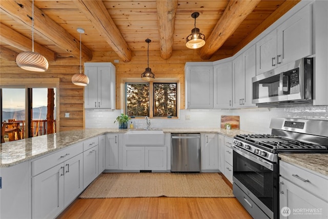 1831 Cottontail Ln, Chelan, WA 98816 - kitchen featuring appliances with stainless steel finishes, a sink, plenty of natural light, decorative backsplash, and wood ceiling with exposed beams
