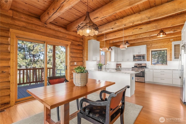 1831 Cottontail Ln, Chelan, WA 98816 - dining area featuring wooden ceiling with exposed beams, light wood finished floors, and log walls