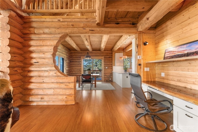 1831 Cottontail Ln, Chelan, WA 98816 - home office with wood ceiling with exposed beams, wood finished floors, and log walls