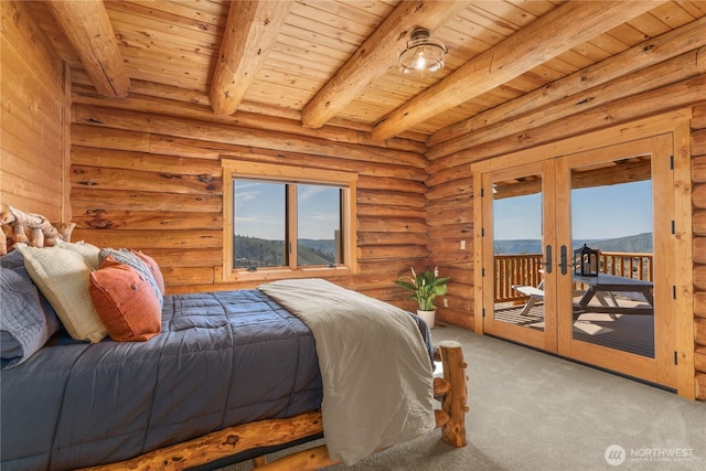 1831 Cottontail Ln, Chelan, WA 98816 - bedroom featuring french doors, access to exterior, wood ceiling with exposed beams, carpet floors, and a mountain view