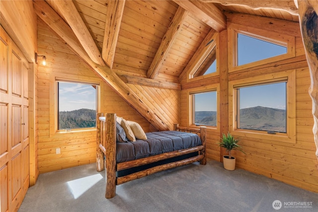1831 Cottontail Ln, Chelan, WA 98816 - bedroom with carpet, wooden ceiling, wood walls, and a mountain view