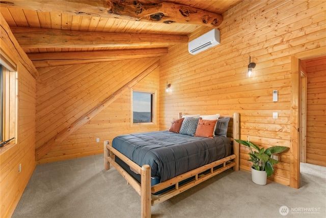 1831 Cottontail Ln, Chelan, WA 98816 - bedroom featuring a wall mounted air conditioner, carpet flooring, wooden walls, and wooden ceiling with exposed beams