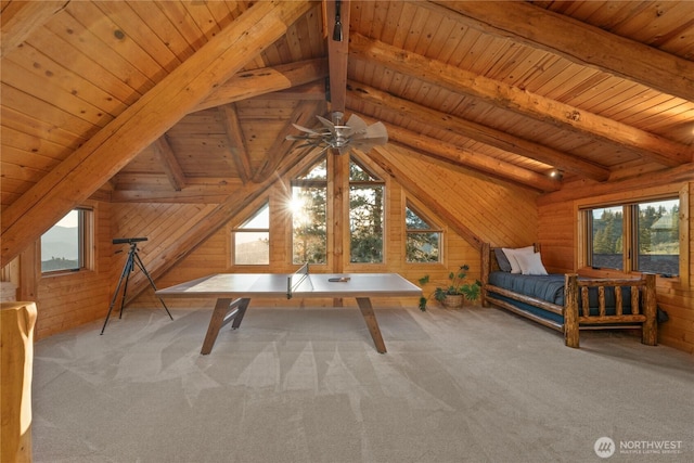 1831 Cottontail Ln, Chelan, WA 98816 - unfurnished bedroom featuring multiple windows, wood walls, wooden ceiling, and carpet flooring