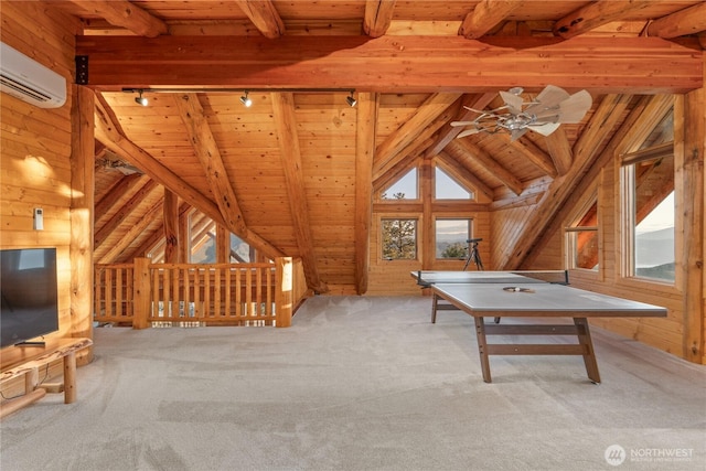 1831 Cottontail Ln, Chelan, WA 98816 - playroom featuring wood ceiling, ceiling fan, wood walls, an AC wall unit, and carpet flooring